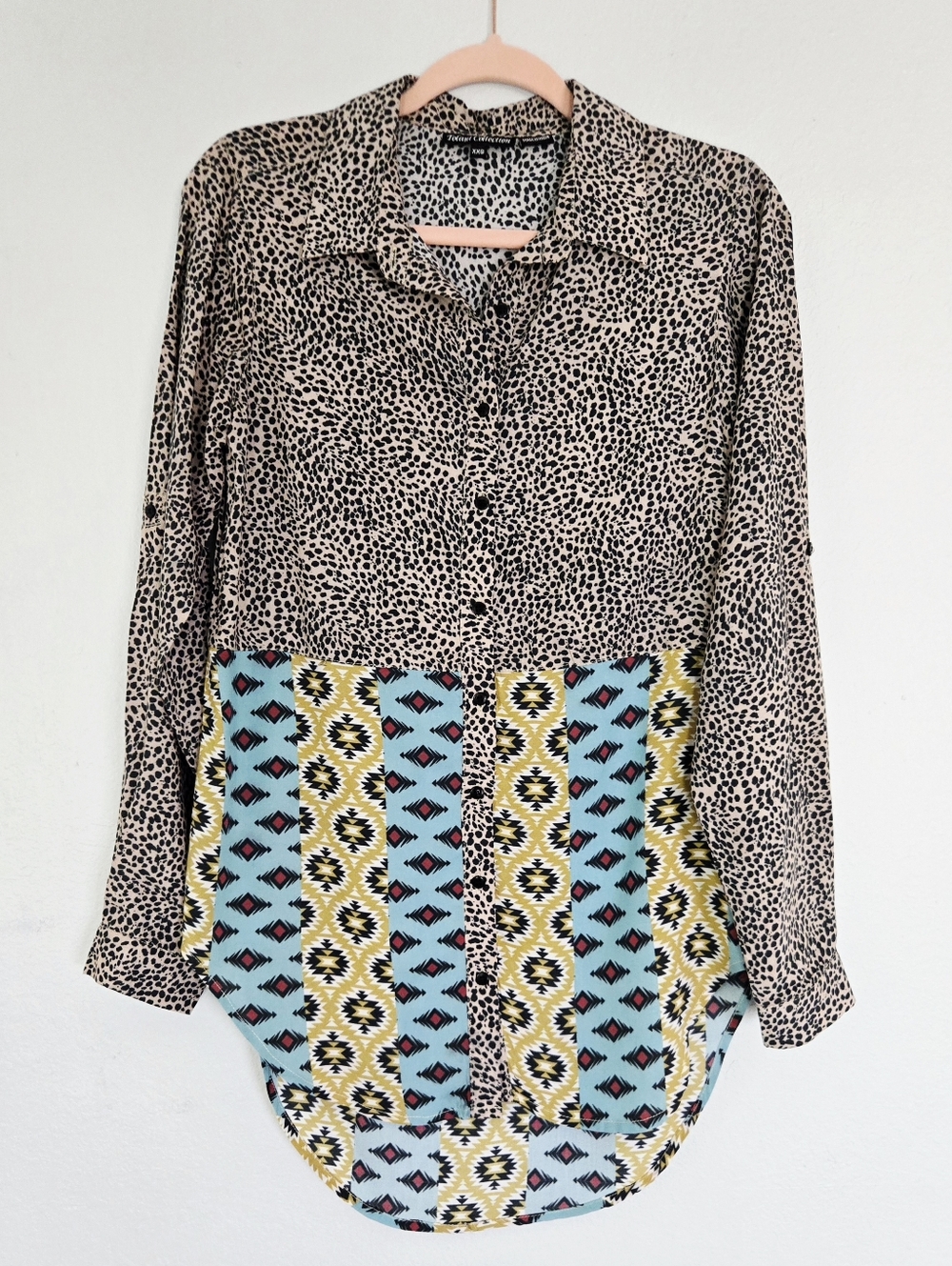 Tolani Leopard Aztec Boho Western Print Longleeve Button Down Shirt XXS